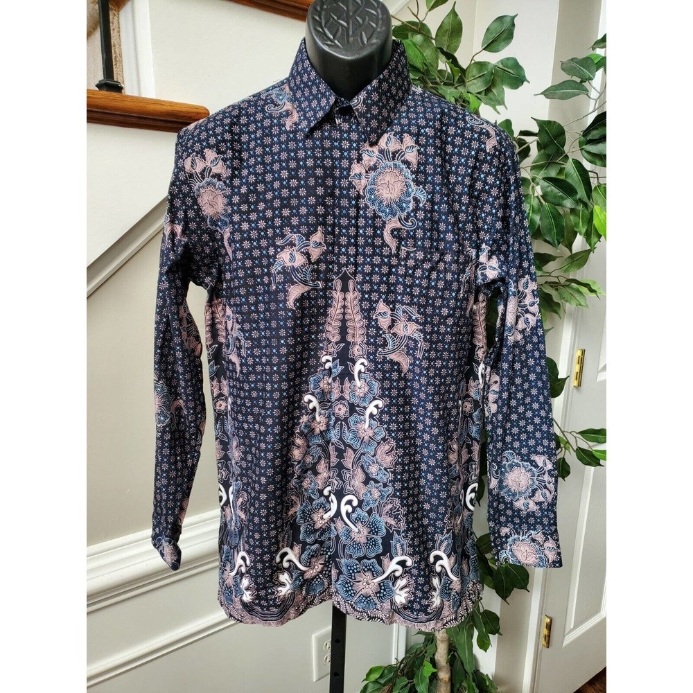 D & N Mens Black Floral Polyester Collared Long Sleeve Buttons Down Shirt Size L